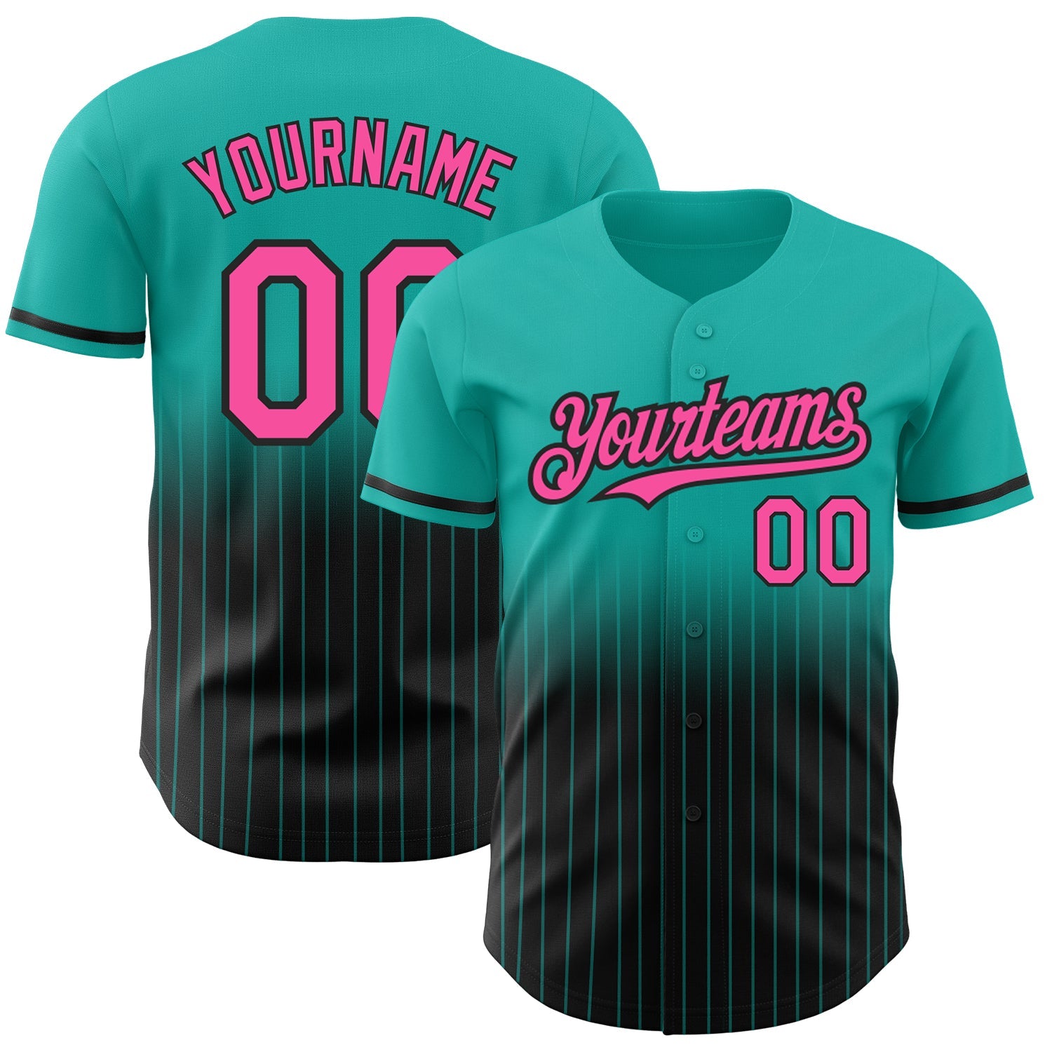 Custom Aqua Pinstripe Pink-Black Authentic Fade Fashion Baseball Jersey - Main View
