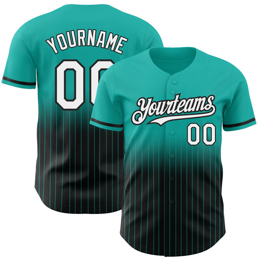 Custom Aqua Pinstripe White-Black Authentic Fade Fashion Baseball Jersey - Main View