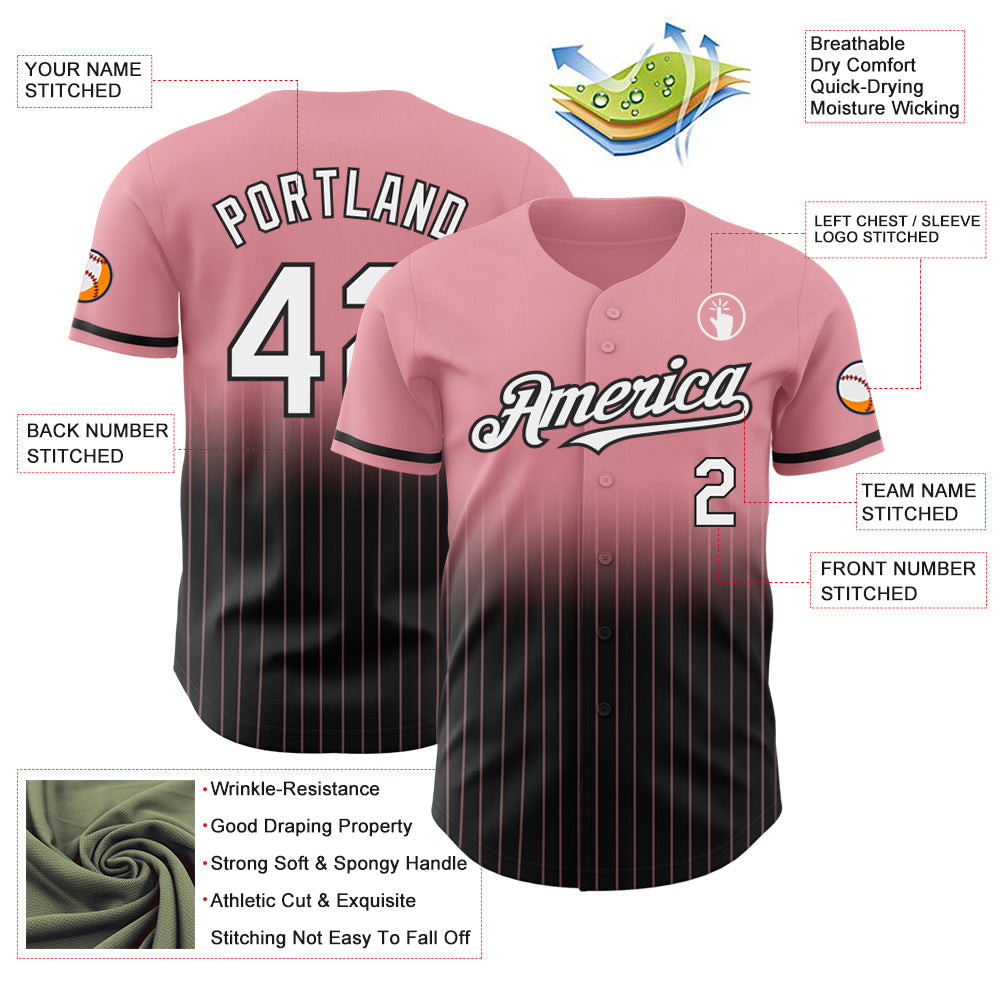 Custom Medium Pink Pinstripe White-Black Authentic Fade Fashion Baseball Jersey view 4