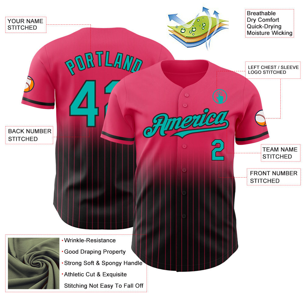Custom Neon Pink Pinstripe Aqua-Black Authentic Fade Fashion Baseball Jersey view 4