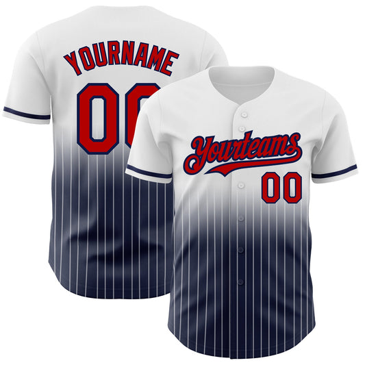 Custom White Pinstripe Red-Navy Authentic Fade Fashion Baseball Jersey - Main View