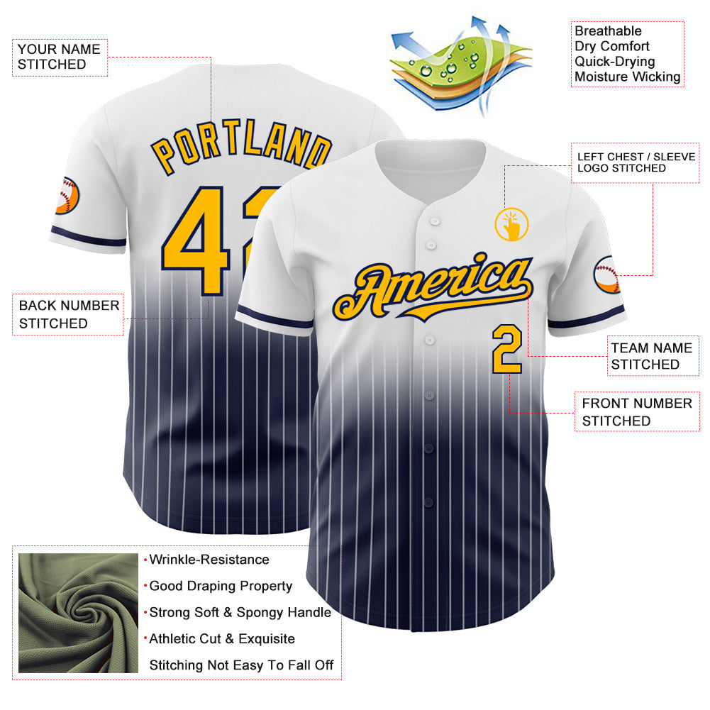 Custom White Pinstripe Gold-Navy Authentic Fade Fashion Baseball Jersey view 4
