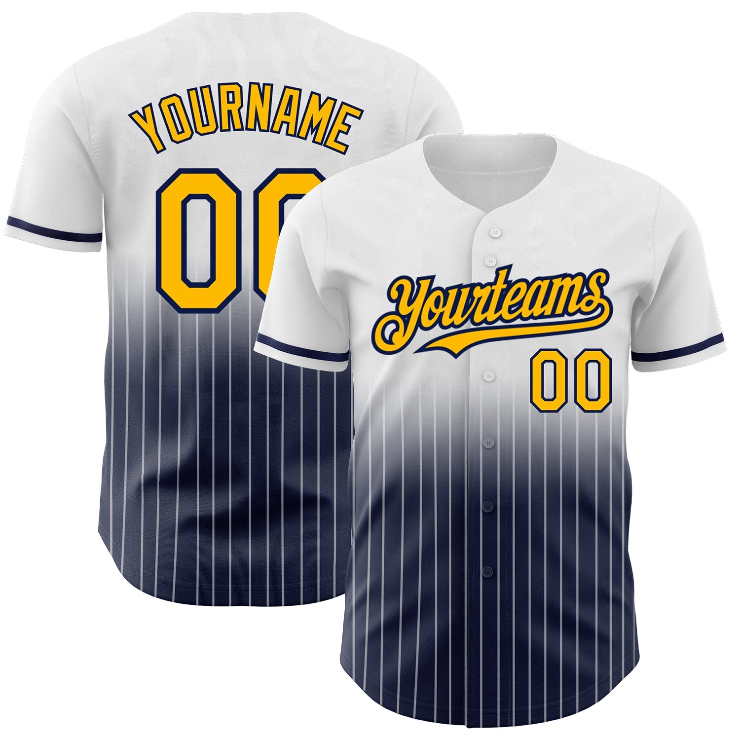 Custom White Pinstripe Gold-Navy Authentic Fade Fashion Baseball Jersey - Main View