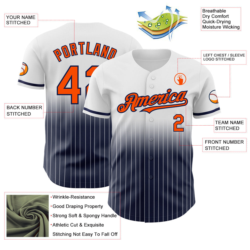 Custom White Pinstripe Orange-Navy Authentic Fade Fashion Baseball Jersey view 4