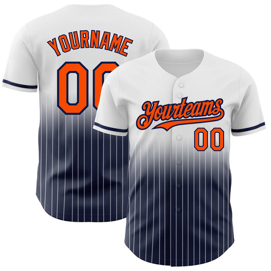 Custom White Pinstripe Orange-Navy Authentic Fade Fashion Baseball Jersey - Main View
