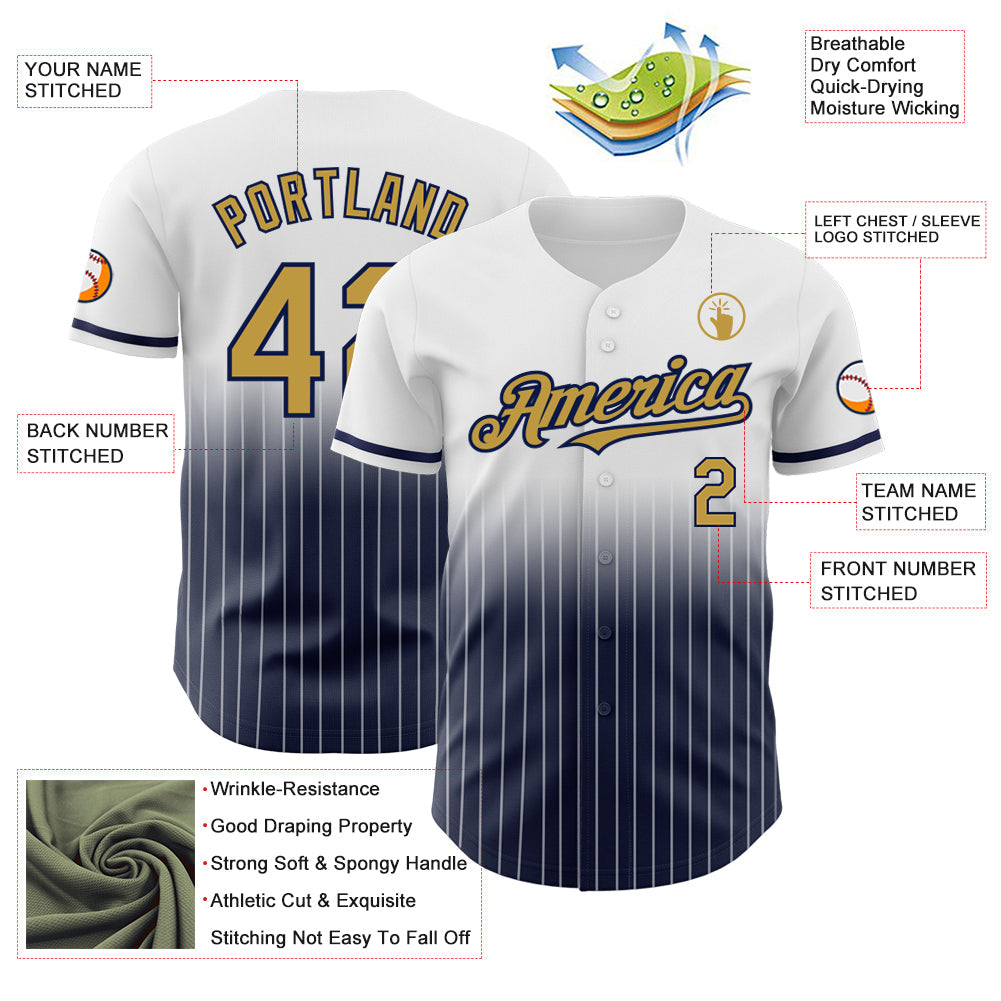 Custom White Pinstripe Old Gold-Navy Authentic Fade Fashion Baseball Jersey view 4