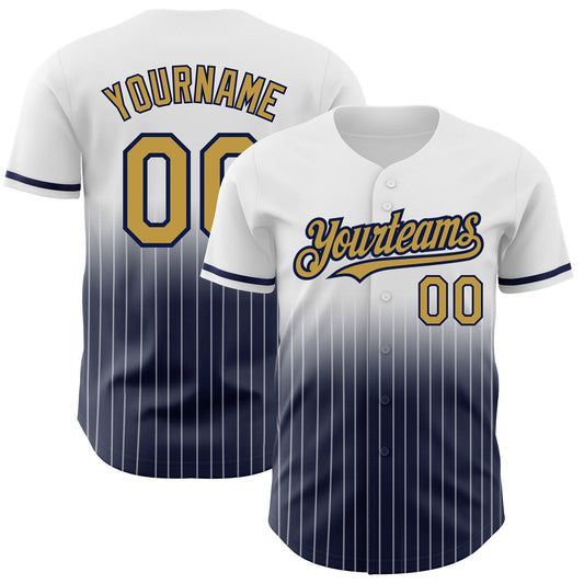 Custom White Pinstripe Old Gold-Navy Authentic Fade Fashion Baseball Jersey - Main View