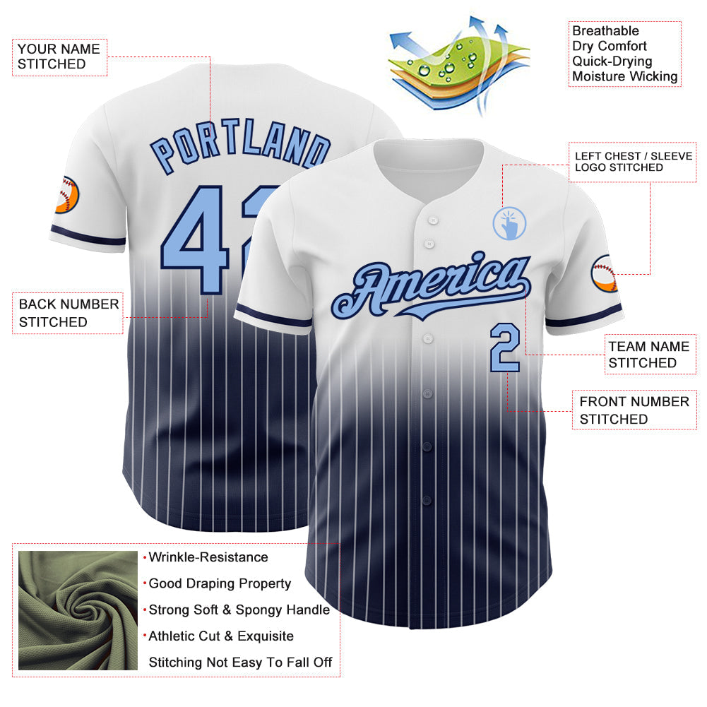 Custom White Pinstripe Light Blue-Navy Authentic Fade Fashion Baseball Jersey view 4
