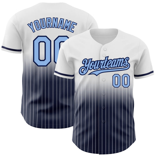 Custom White Pinstripe Light Blue-Navy Authentic Fade Fashion Baseball Jersey - Main View