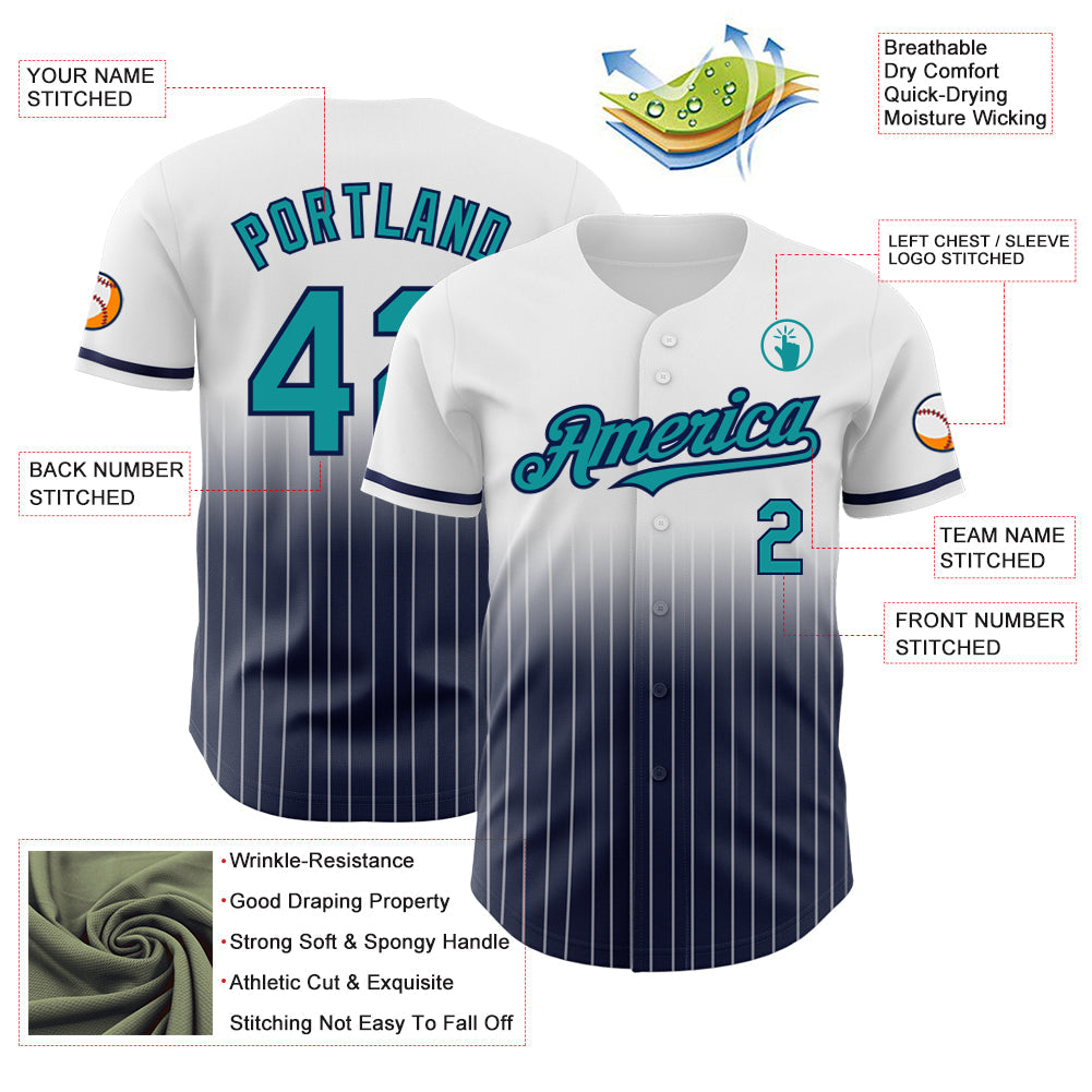 Custom White Pinstripe Teal-Navy Authentic Fade Fashion Baseball Jersey view 4