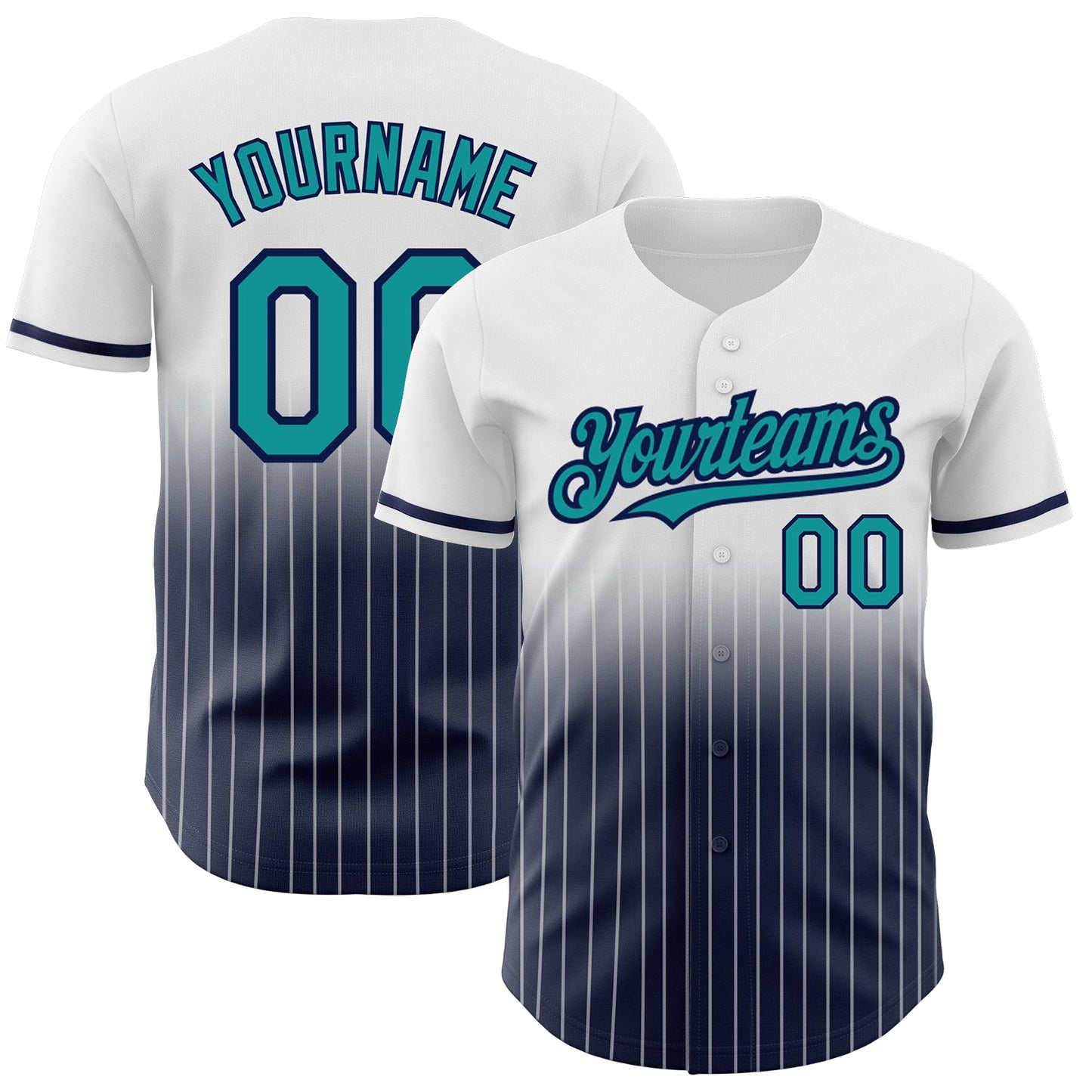 Custom White Pinstripe Teal-Navy Authentic Fade Fashion Baseball Jersey - Main View