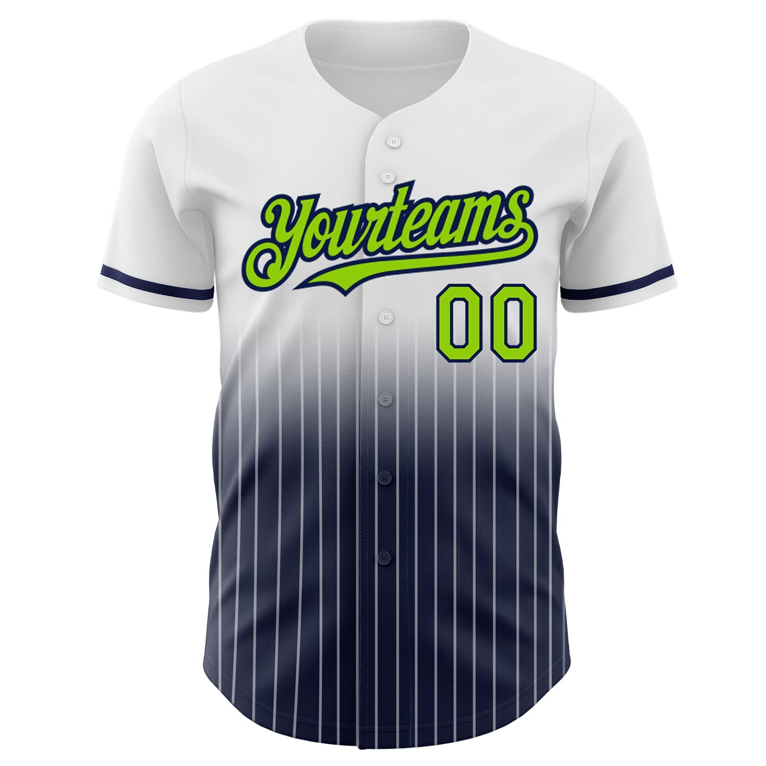 Custom White Pinstripe Neon Green-Navy Authentic Fade Fashion Baseball Jersey view 3