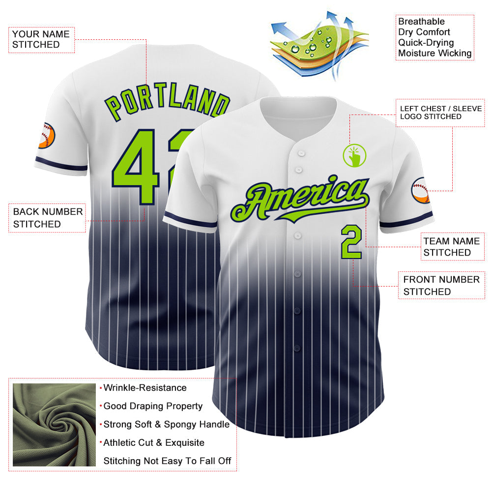 Custom White Pinstripe Neon Green-Navy Authentic Fade Fashion Baseball Jersey view 4