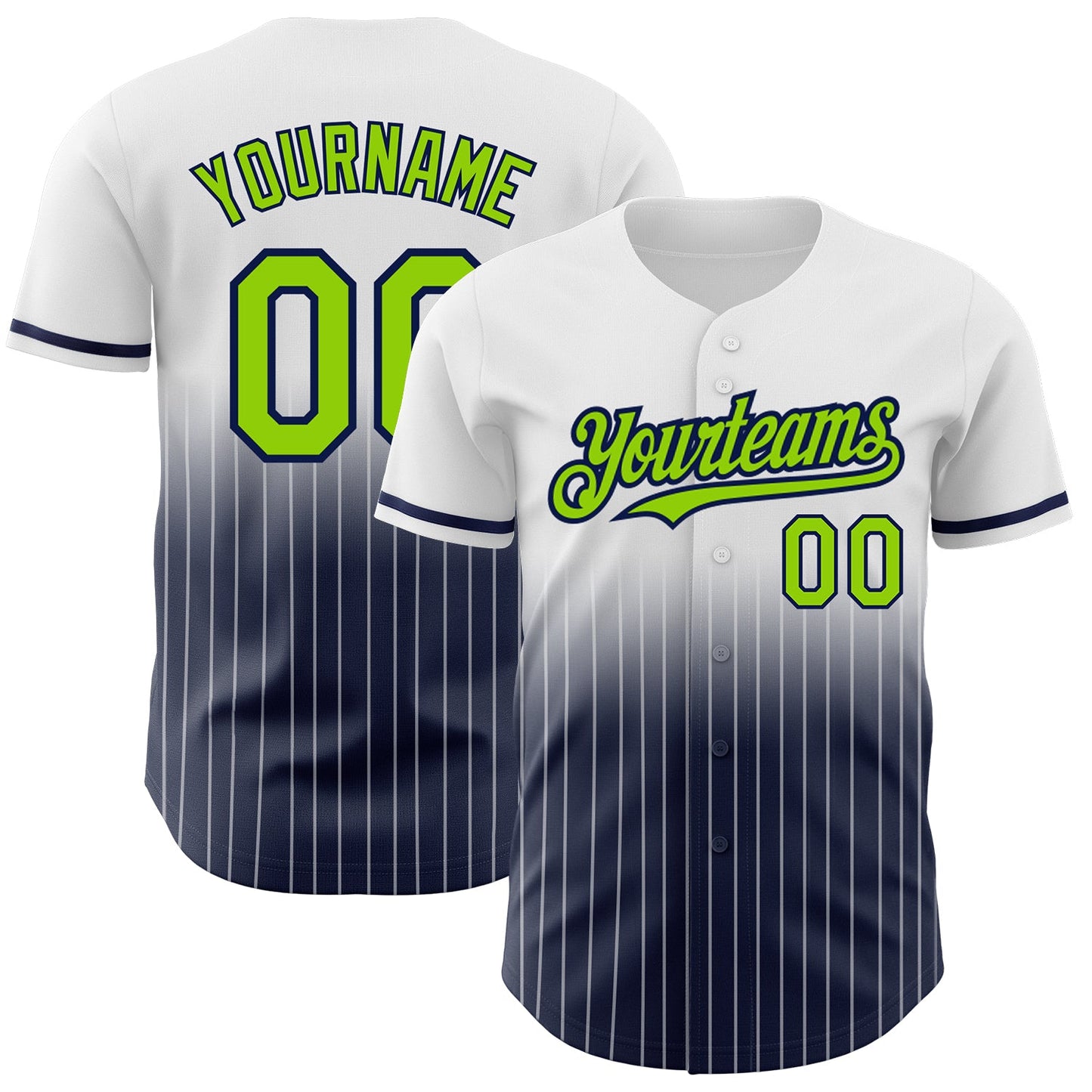 Custom White Pinstripe Neon Green-Navy Authentic Fade Fashion Baseball Jersey - Main View
