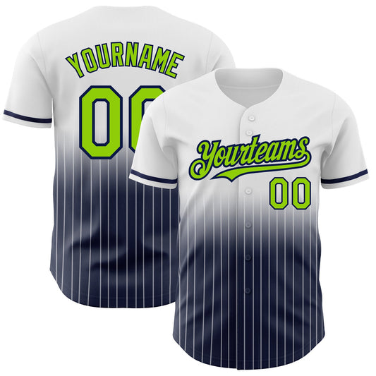 Custom White Pinstripe Neon Green-Navy Authentic Fade Fashion Baseball Jersey - Main View