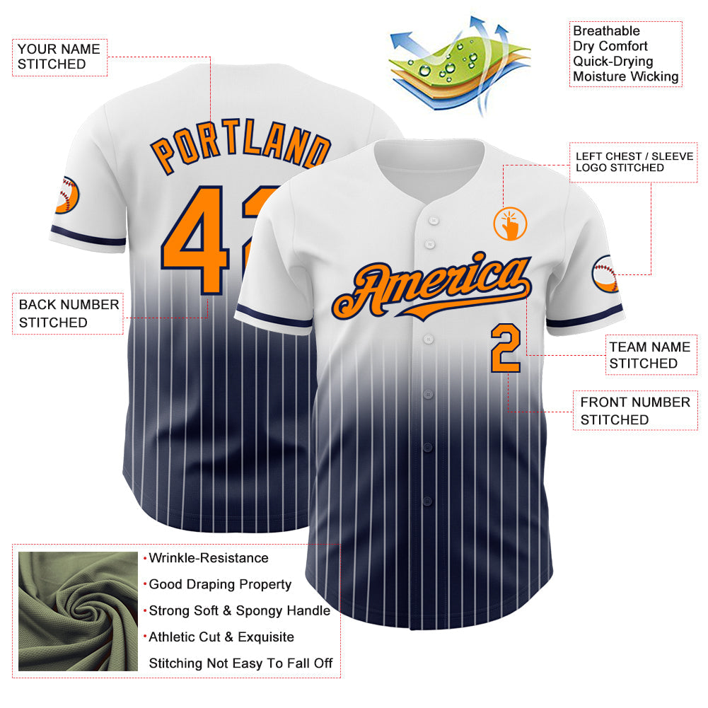 Custom White Pinstripe Bay Orange-Navy Authentic Fade Fashion Baseball Jersey view 4