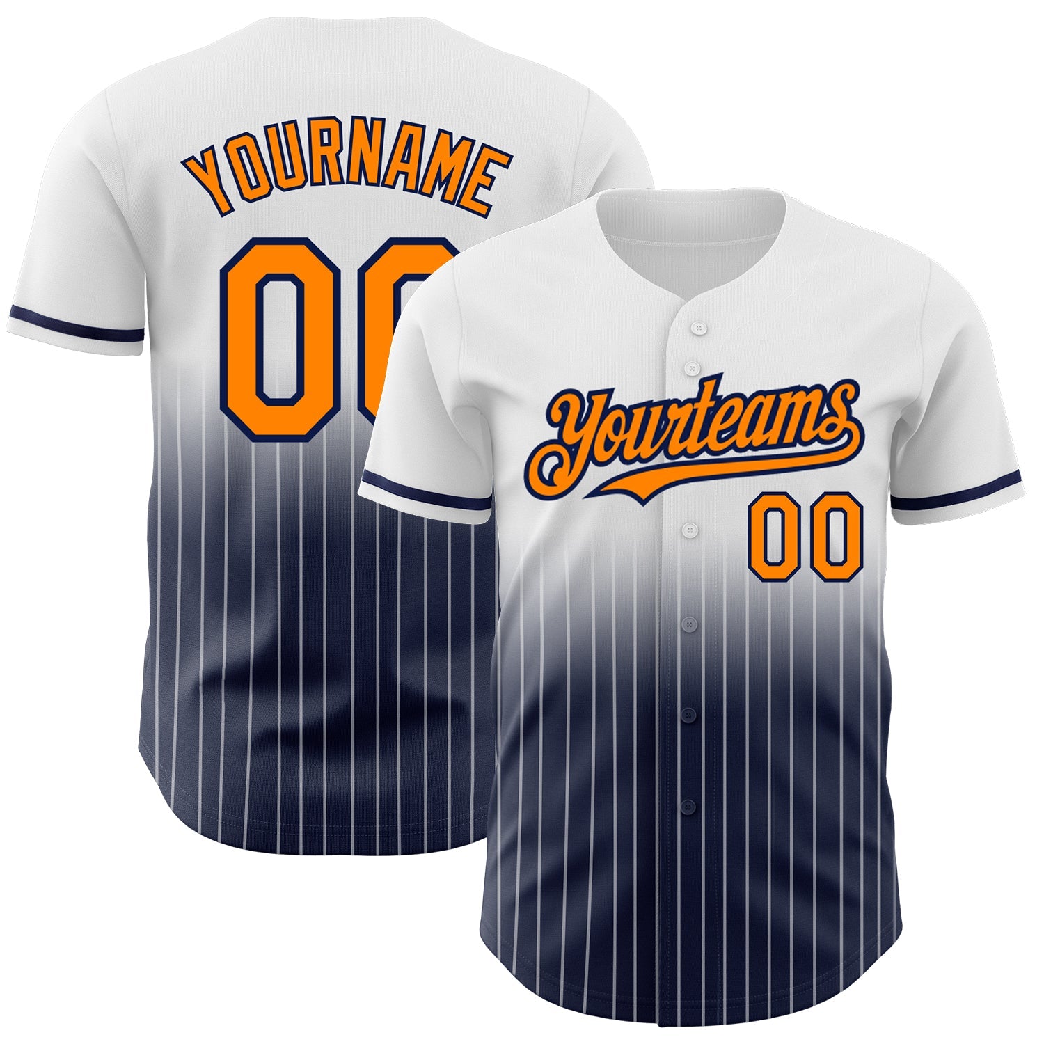 Custom White Pinstripe Bay Orange-Navy Authentic Fade Fashion Baseball Jersey - Main View