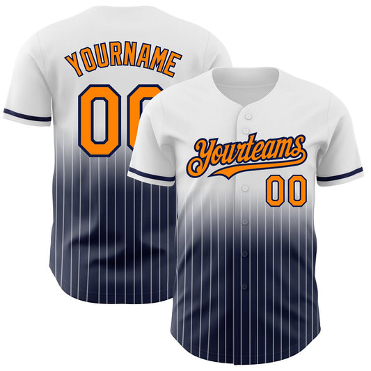 Custom White Pinstripe Bay Orange-Navy Authentic Fade Fashion Baseball Jersey - Main View