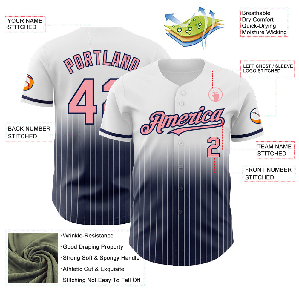 Custom White Pinstripe Medium Pink-Navy Authentic Fade Fashion Baseball Jersey view 4