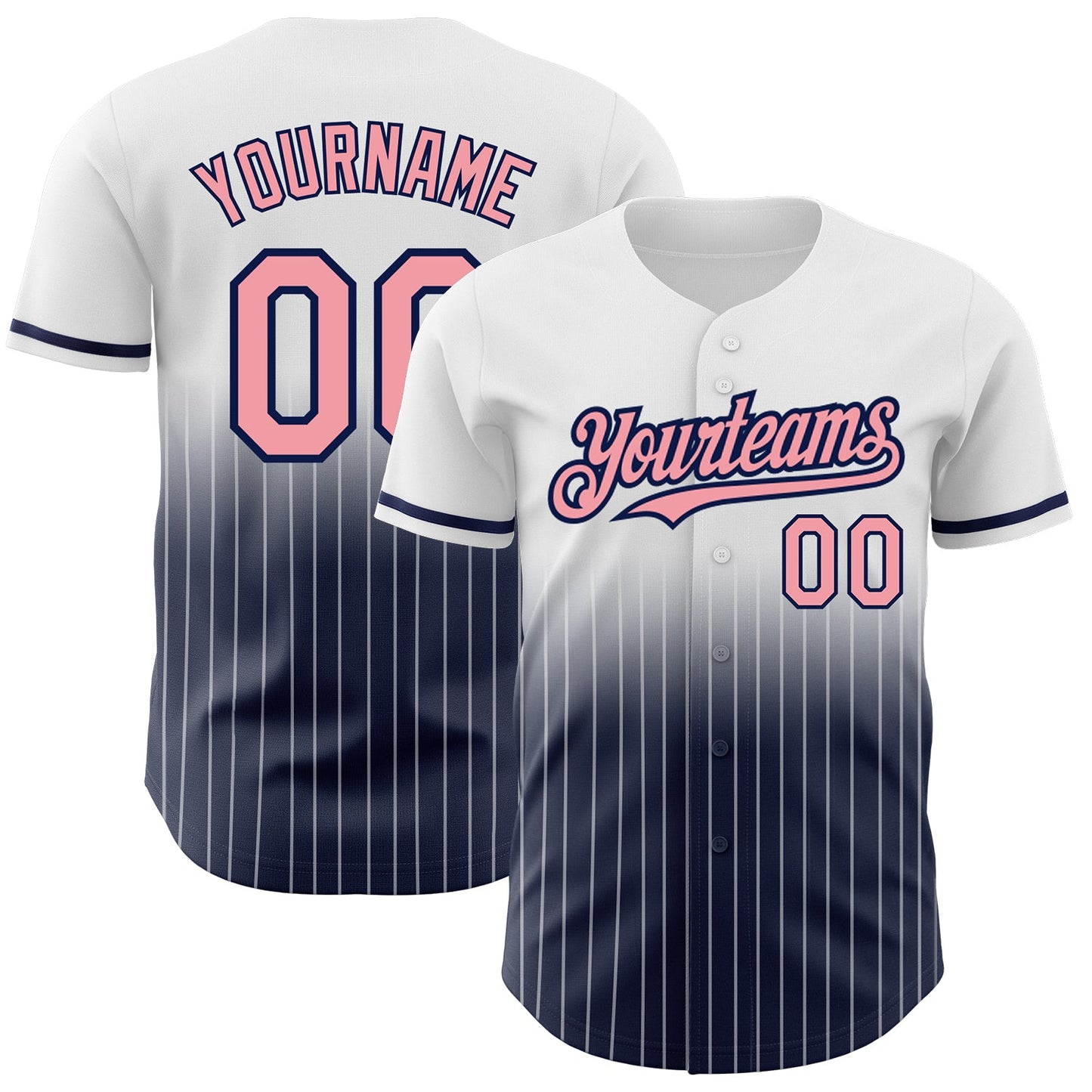 Custom White Pinstripe Medium Pink-Navy Authentic Fade Fashion Baseball Jersey - Main View