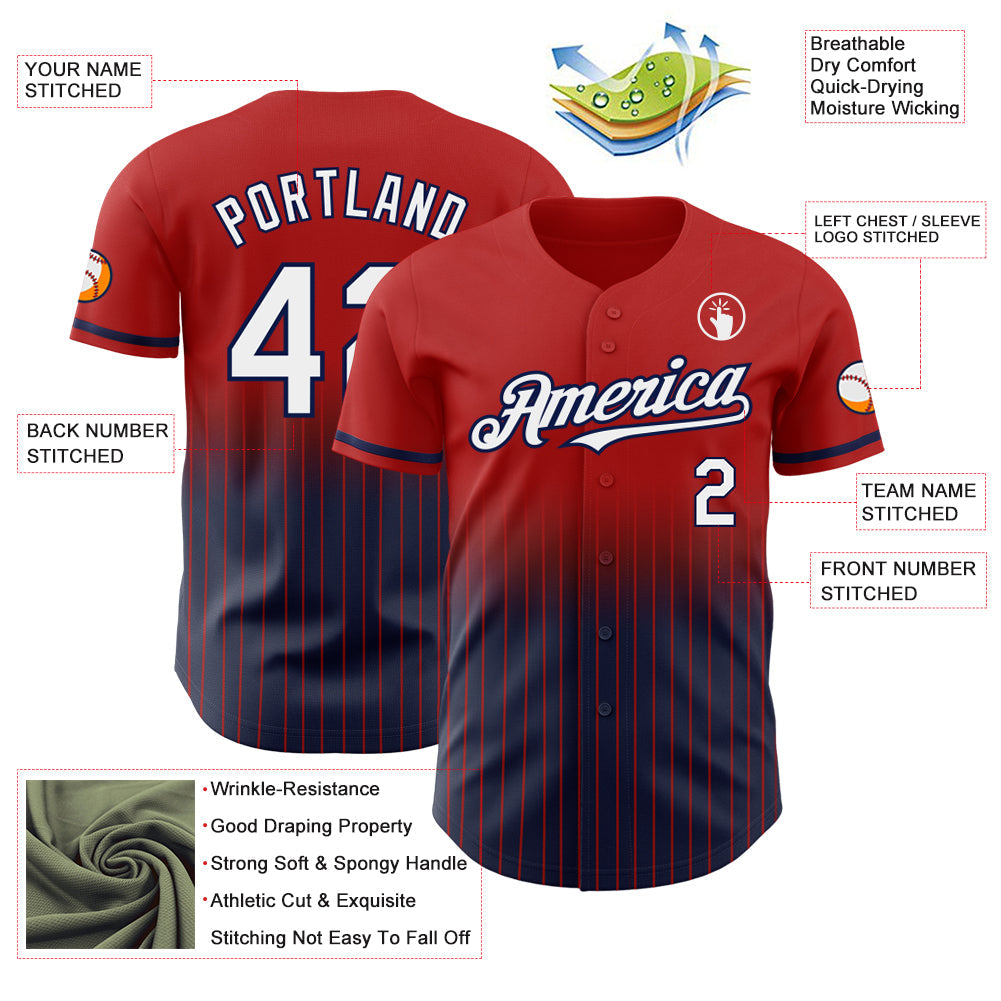 Custom Red Pinstripe White-Navy Authentic Fade Fashion Baseball Jersey view 4