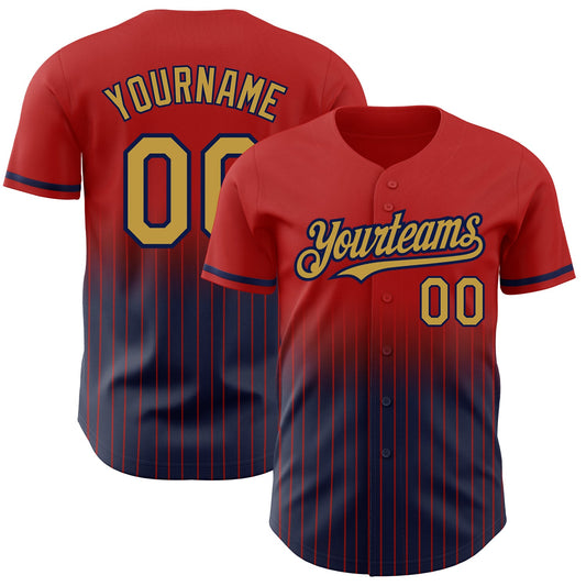 Custom Red Pinstripe Old Gold-Navy Authentic Fade Fashion Baseball Jersey - Main View