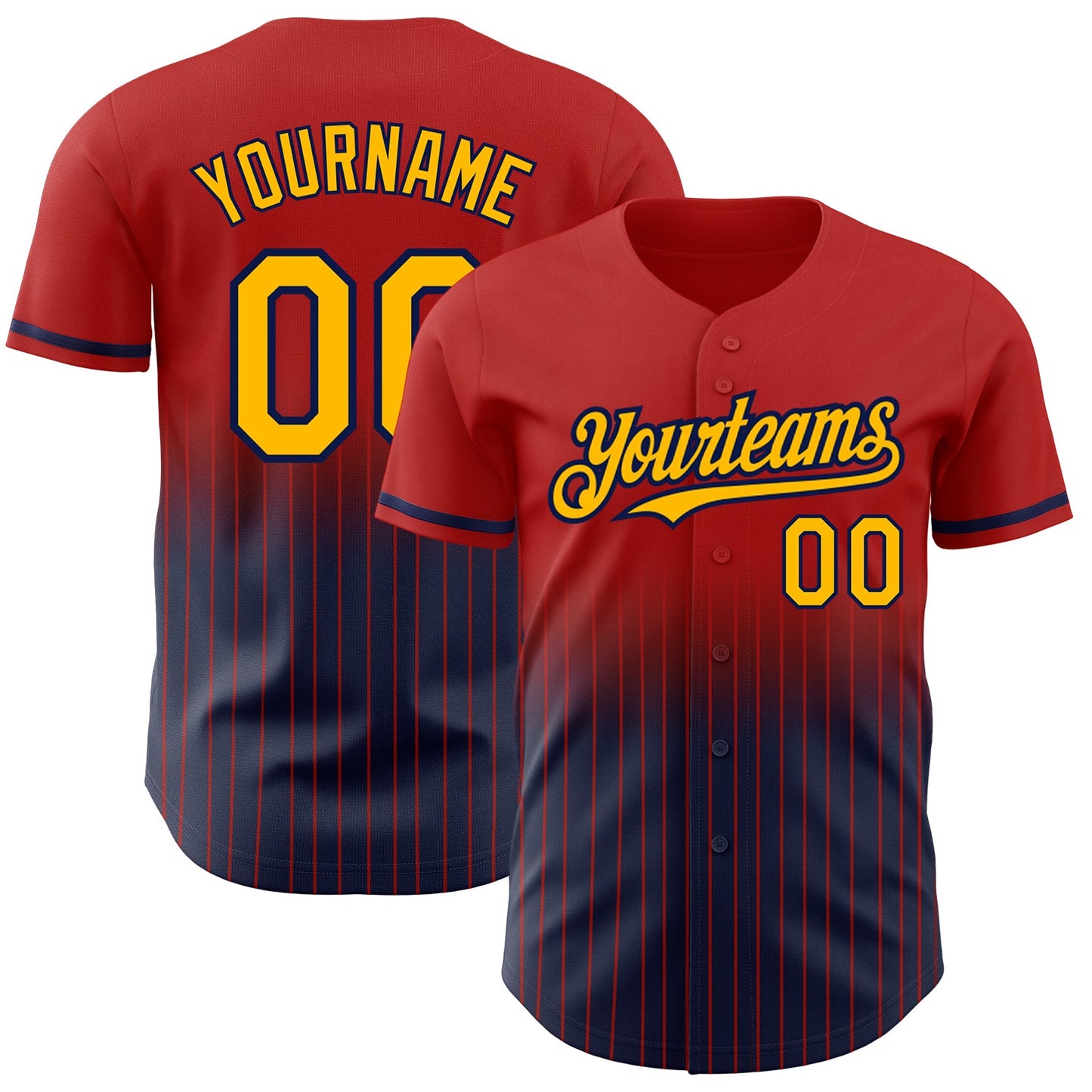 Custom Red Pinstripe Gold-Navy Authentic Fade Fashion Baseball Jersey - Main View