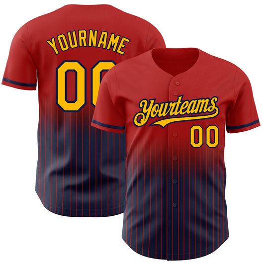 Custom Red Pinstripe Gold-Navy Authentic Fade Fashion Baseball Jersey - Main View
