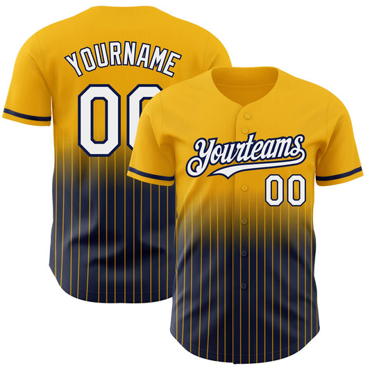 Custom Gold Pinstripe White-Navy Authentic Fade Fashion Baseball Jersey - Main View