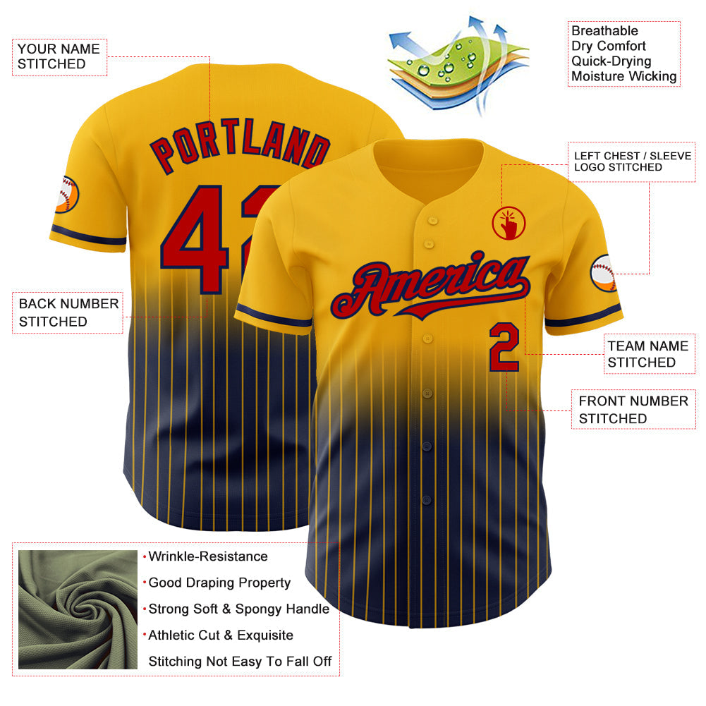 Custom Gold Pinstripe Red-Navy Authentic Fade Fashion Baseball Jersey view 4