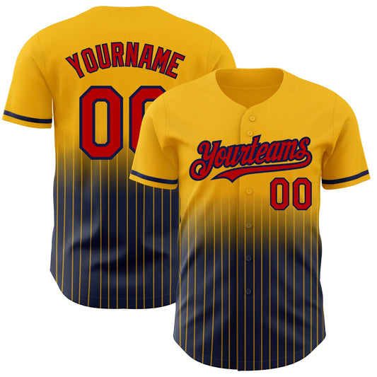 Custom Gold Pinstripe Red-Navy Authentic Fade Fashion Baseball Jersey - Main View