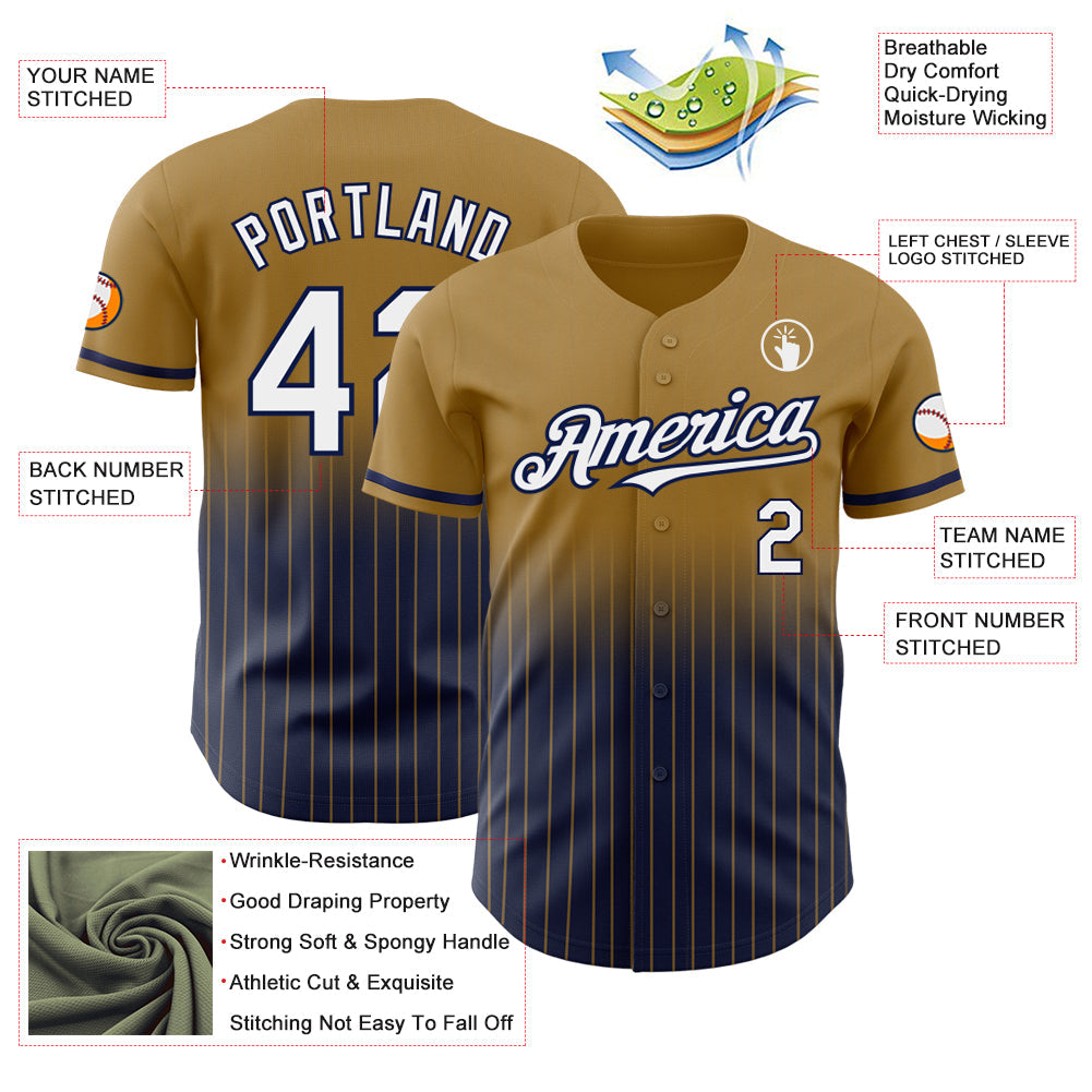 Custom Old Gold Pinstripe White-Navy Authentic Fade Fashion Baseball Jersey view 4