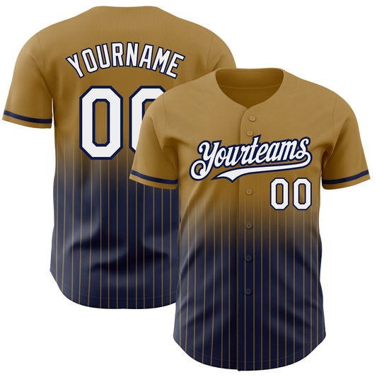 Custom Old Gold Pinstripe White-Navy Authentic Fade Fashion Baseball Jersey - Main View