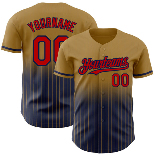 Custom Old Gold Pinstripe Red-Navy Authentic Fade Fashion Baseball Jersey - Main View
