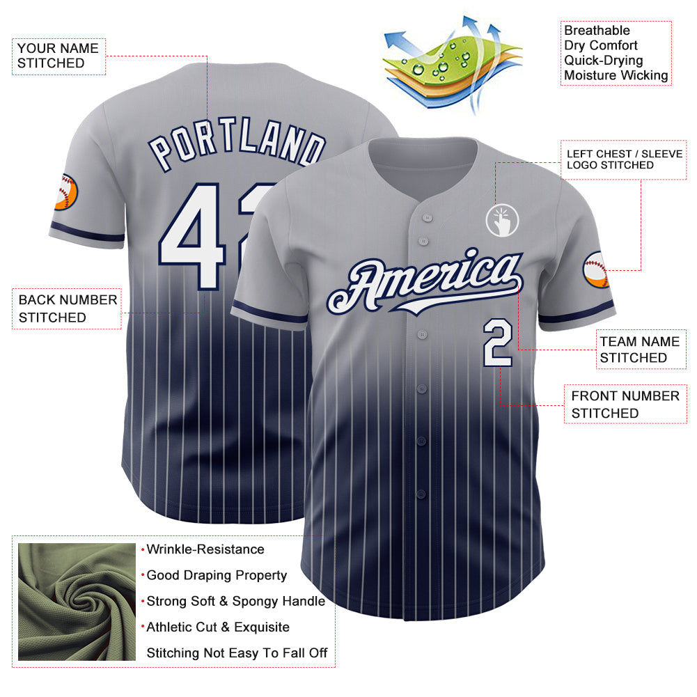Custom Gray Pinstripe White-Navy Authentic Fade Fashion Baseball Jersey view 4