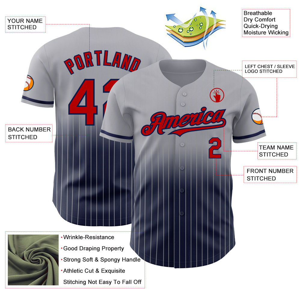 Custom Gray Pinstripe Red-Navy Authentic Fade Fashion Baseball Jersey view 4