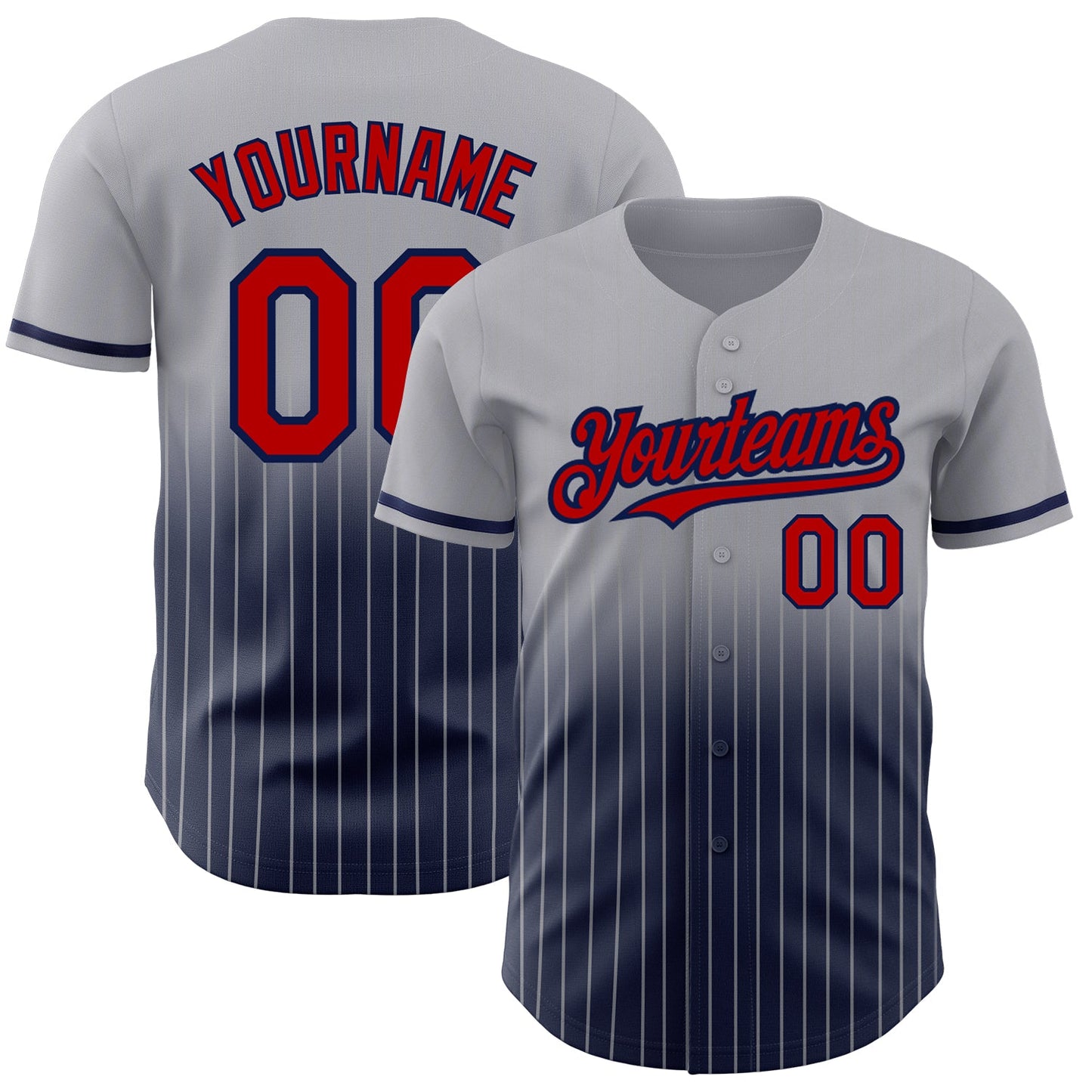 Custom Gray Pinstripe Red-Navy Authentic Fade Fashion Baseball Jersey - Main View
