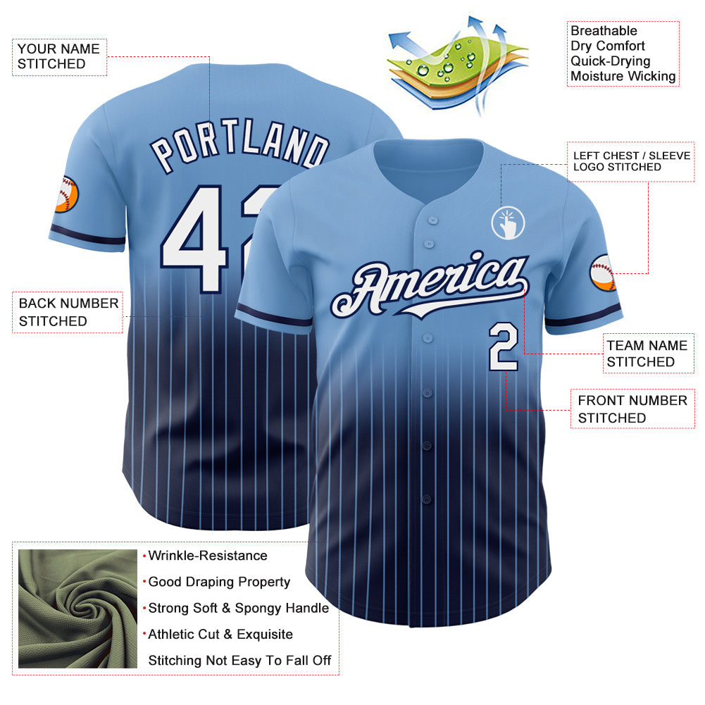 Custom Light Blue Pinstripe White-Navy Authentic Fade Fashion Baseball Jersey view 4