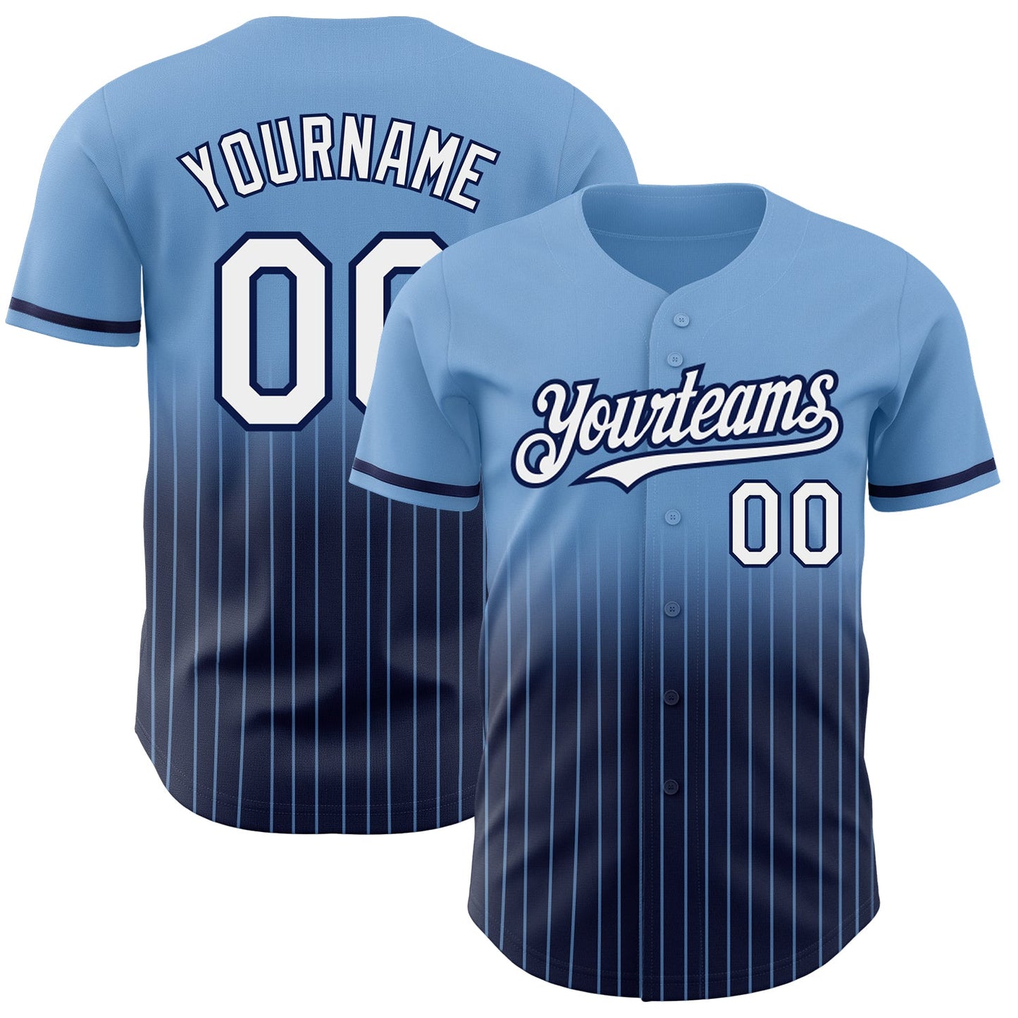 Custom Light Blue Pinstripe White-Navy Authentic Fade Fashion Baseball Jersey - Main View