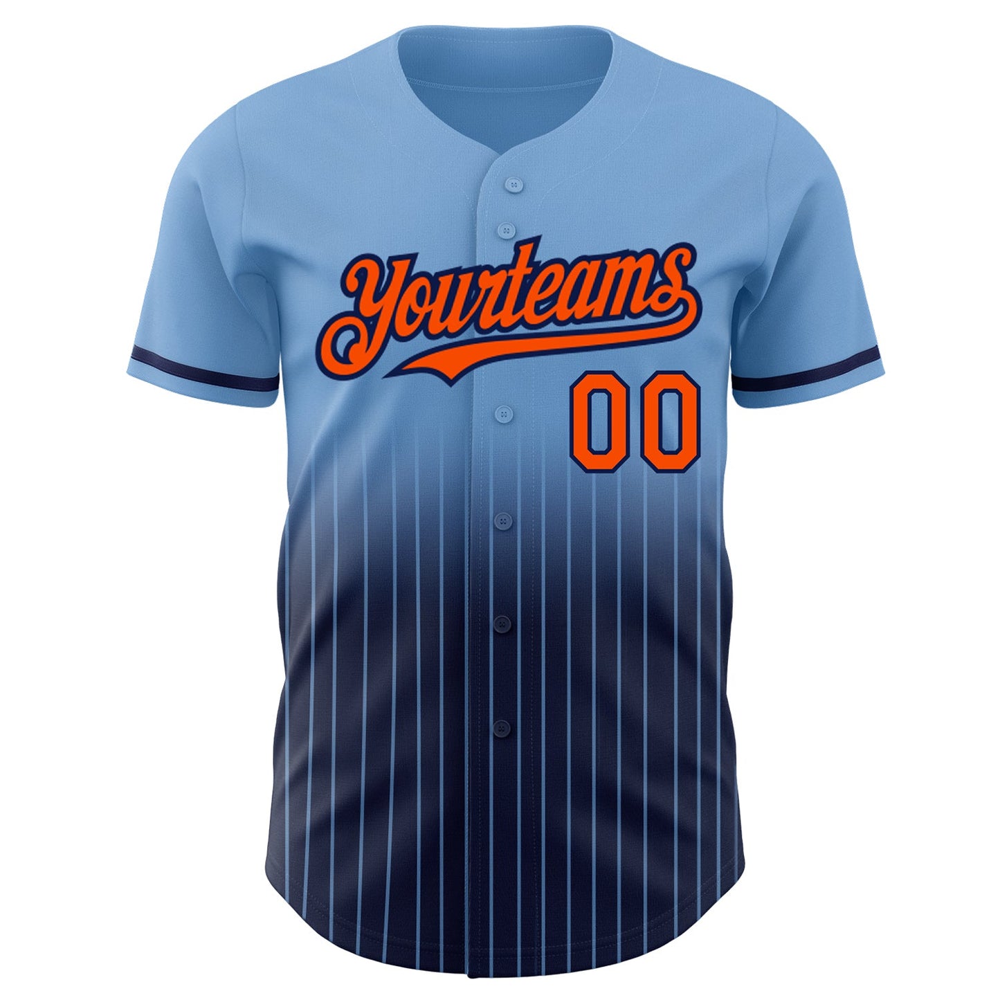 Custom Light Blue Pinstripe Orange-Navy Authentic Fade Fashion Baseball Jersey view 3