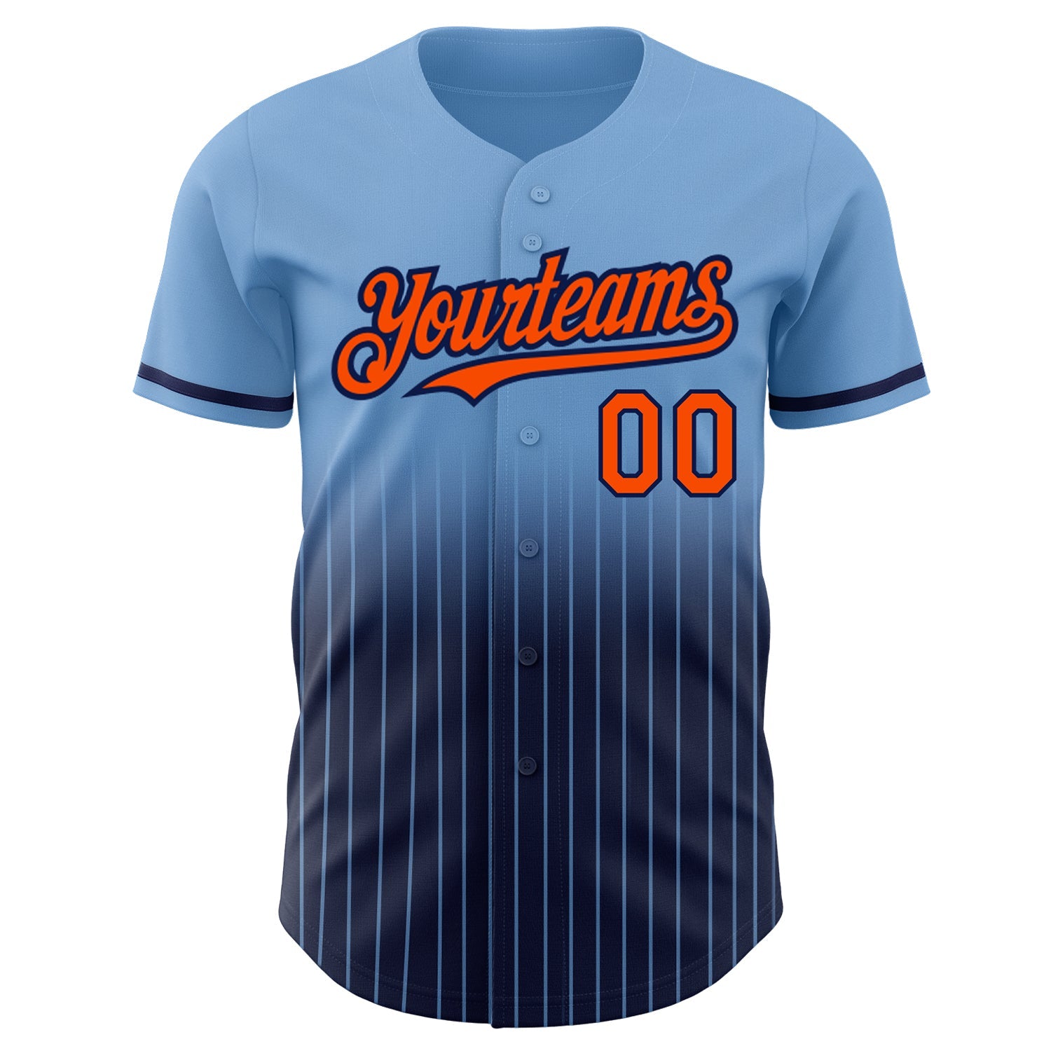Custom Light Blue Pinstripe Orange-Navy Authentic Fade Fashion Baseball Jersey view 3