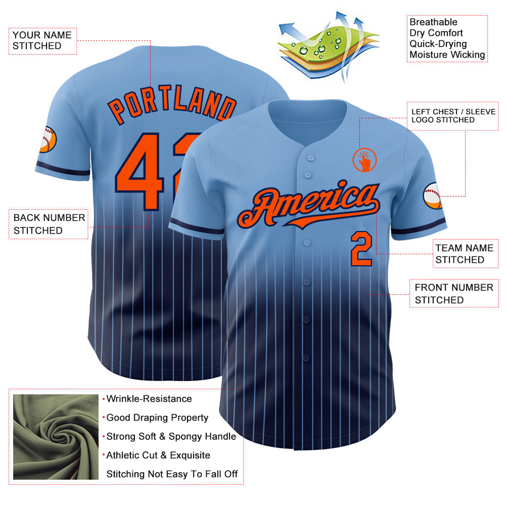 Custom Light Blue Pinstripe Orange-Navy Authentic Fade Fashion Baseball Jersey view 4