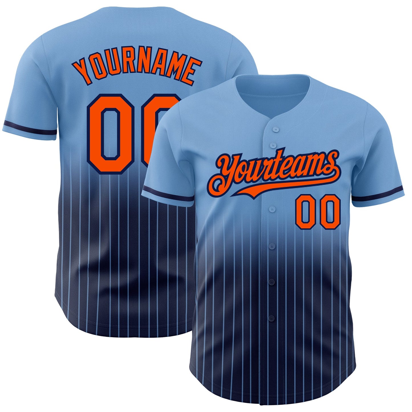 Custom Light Blue Pinstripe Orange-Navy Authentic Fade Fashion Baseball Jersey - Main View