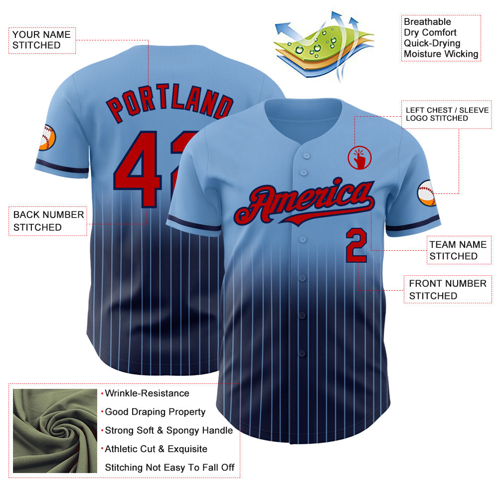 Custom Light Blue Pinstripe Red-Navy Authentic Fade Fashion Baseball Jersey view 4
