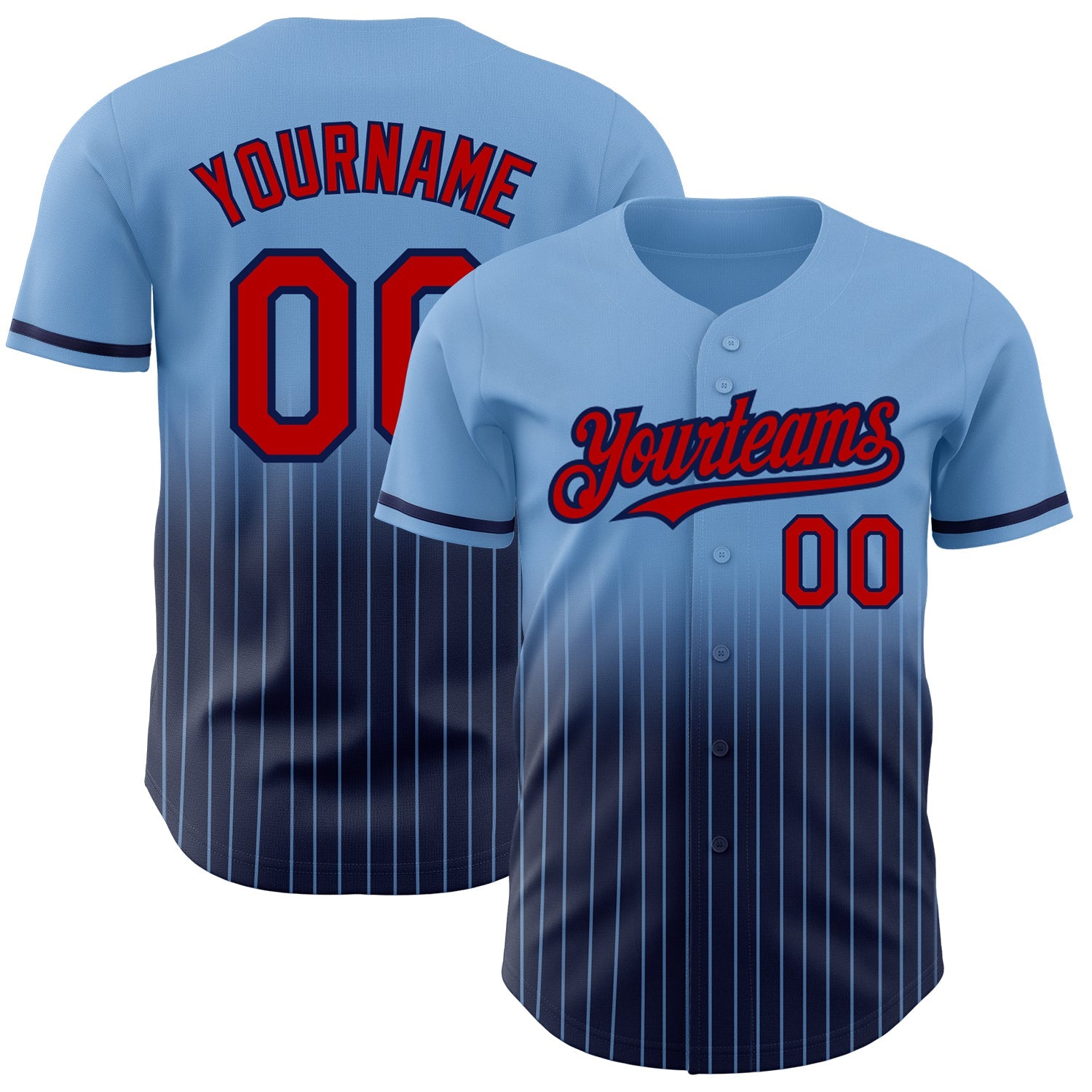 Custom Light Blue Pinstripe Red-Navy Authentic Fade Fashion Baseball Jersey - Main View