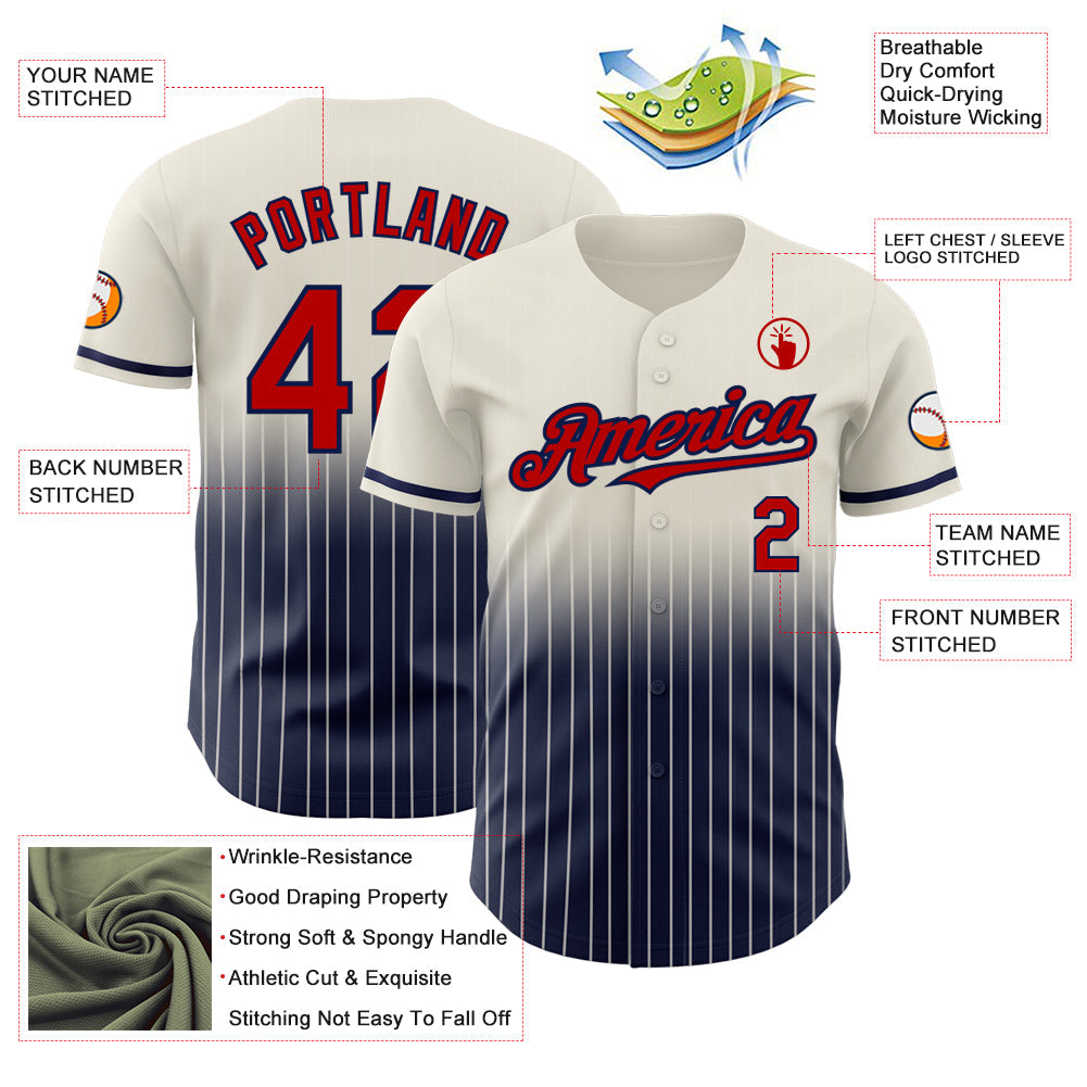 Custom Cream Pinstripe Red-Navy Authentic Fade Fashion Baseball Jersey view 4