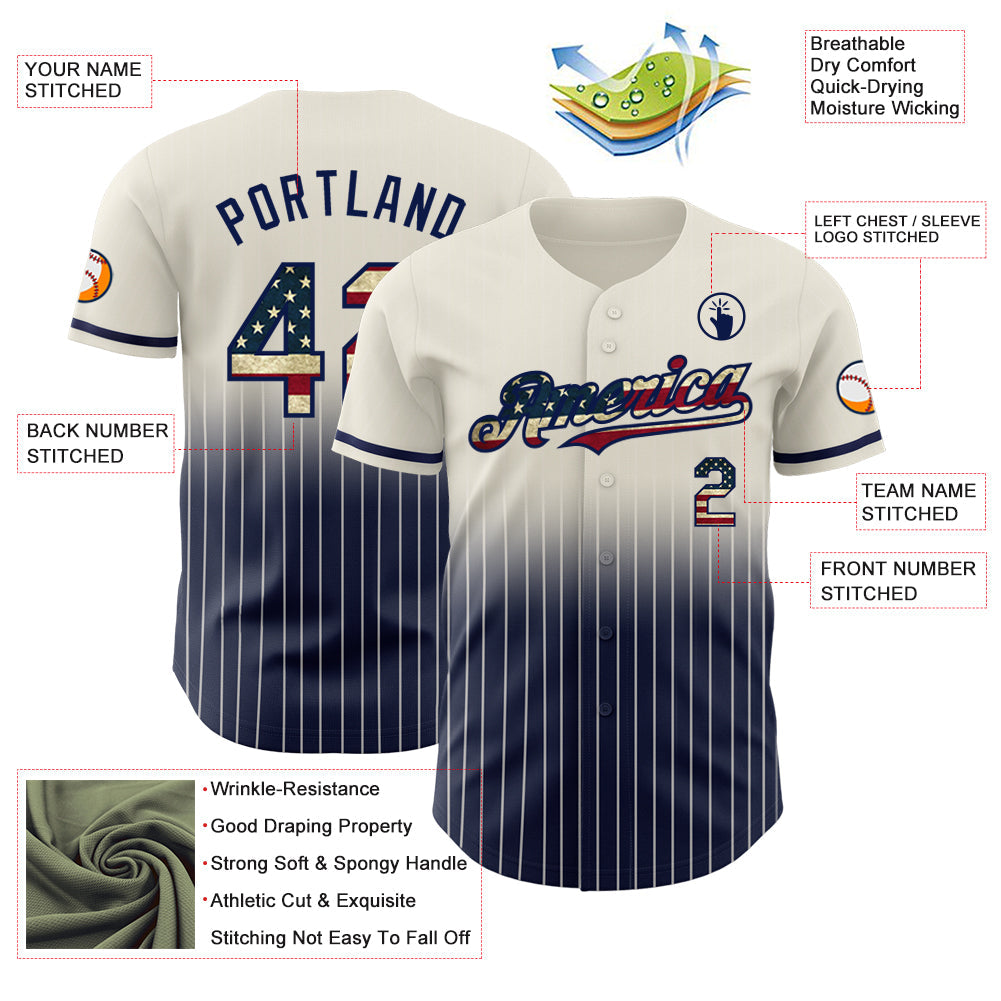 Custom Cream Pinstripe Vintage USA Flag-Navy Authentic Fade Fashion Baseball Jersey view 4