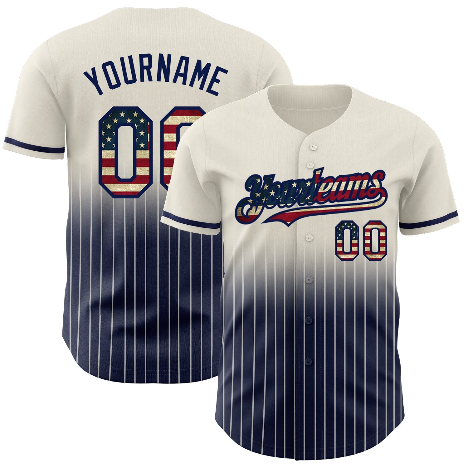 Custom Cream Pinstripe Vintage USA Flag-Navy Authentic Fade Fashion Baseball Jersey - Main View