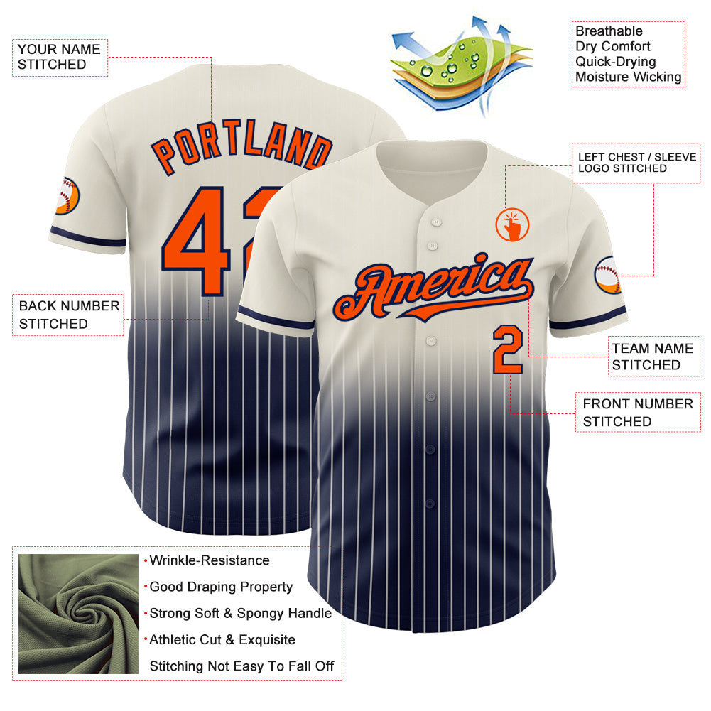 Custom Cream Pinstripe Orange-Navy Authentic Fade Fashion Baseball Jersey view 4