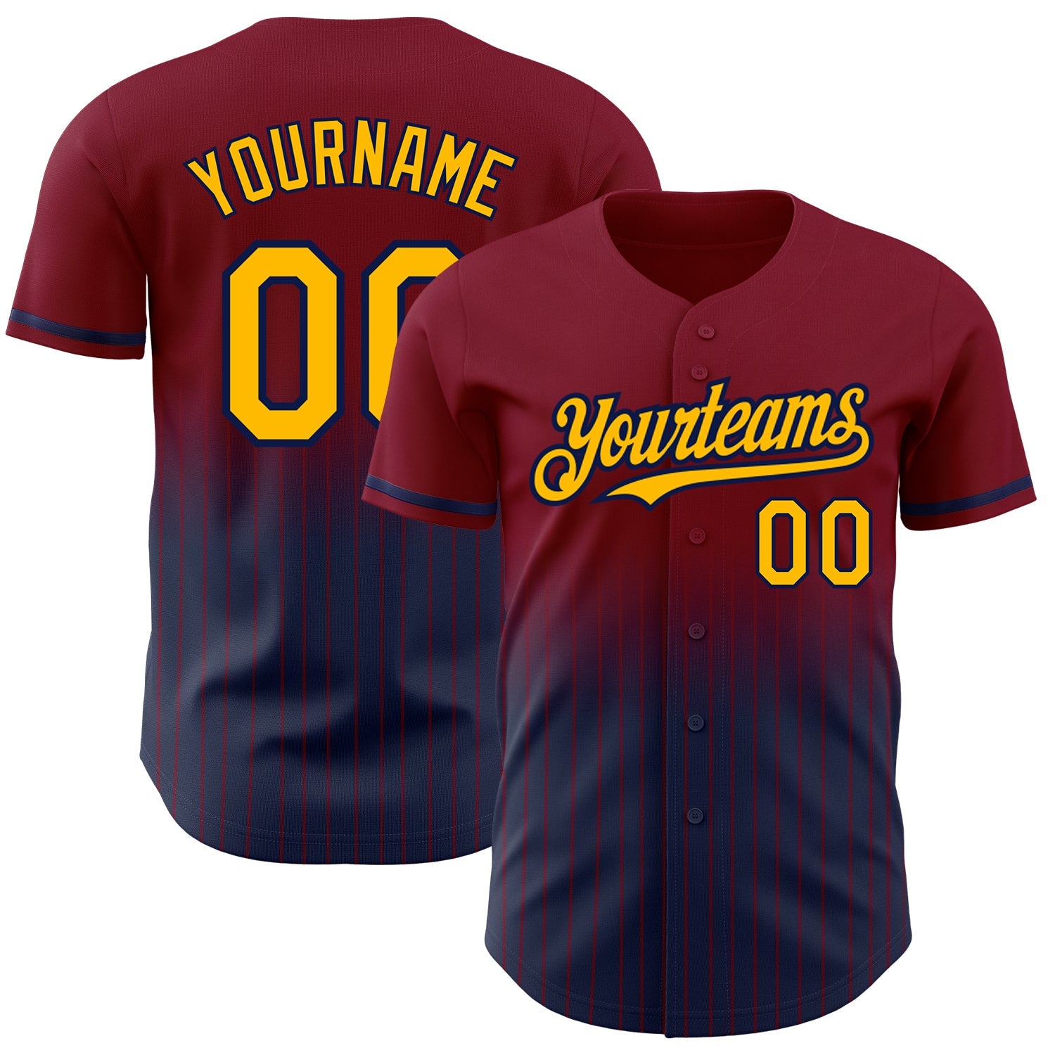 Custom Maroon Pinstripe Gold-Navy Authentic Fade Fashion Baseball Jersey - Main View